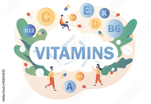Vitamins - big text. Healthy lifestyle. Tiny people and multi vitamin complex, vitamin A, group B B1, B2, B6, B12, C, D, E, K. Modern flat cartoon style. Vector illustration on white background
