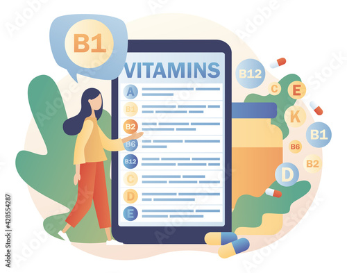 Vitamins complex. Healthy lifestyle. Tiny woman reading list multi vitamin supplement, vitamin A, group B B1, B2, B6, B12, C, D, E, K on smartphone. Modern flat cartoon style. Vector illustration 