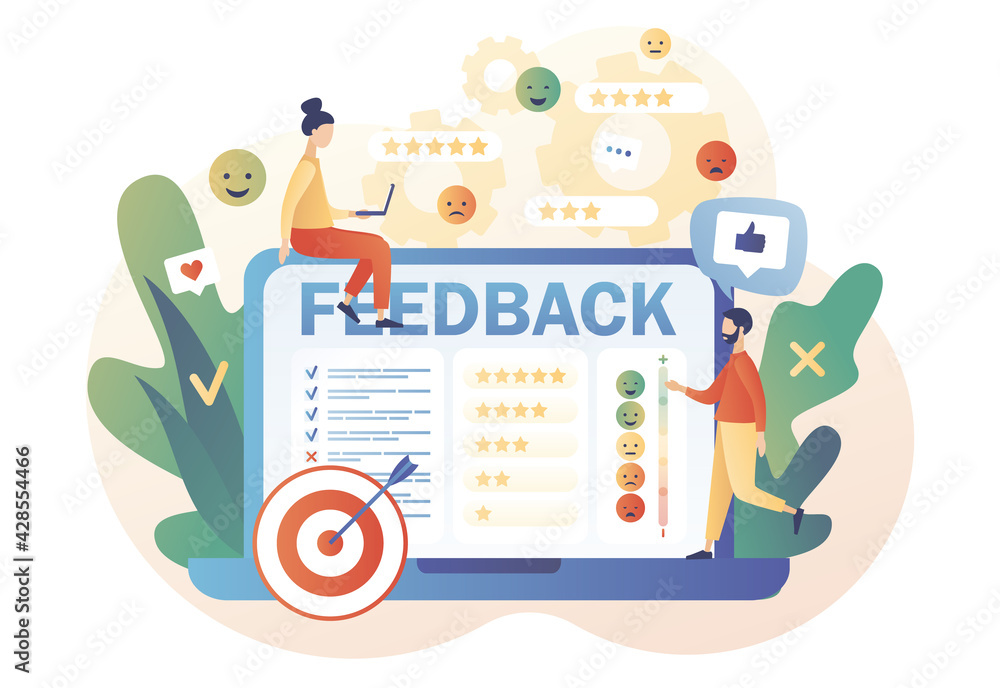 Feedback concept. Tiny people  leave feedback and put assessment online on laptop. Customer survey, review and opinion. Modern flat cartoon style. Vector illustration on white background