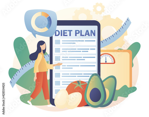 Tiny woman follow diet plan with healthy food with vegetables, fruit and physical activity use smartphone app. Nutrition diet. Nutritionist online. Modern flat cartoon style. Vector illustration