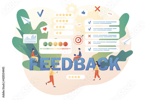 Feedback concept. Tiny people clients leave feedback, put assessment in online service. Customer survey, review and opinion. Modern flat cartoon style. Vector illustration on white background