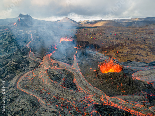 lava eruption volcano aerial view drone view from Iceland of Hot lava and magma coming out of the crater, April 2021 