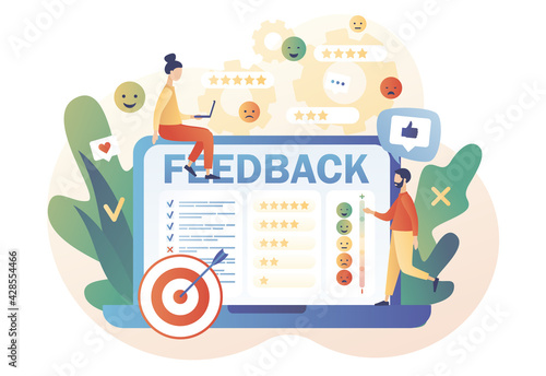 Feedback concept. Tiny people  leave feedback and put assessment online on laptop. Customer survey  review and opinion. Modern flat cartoon style. Vector illustration on white background