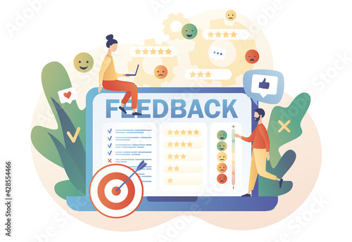 Feedback concept. Tiny people  leave feedback and put assessment online on laptop. Customer survey, review and opinion. Modern flat cartoon style. Vector illustration on white background