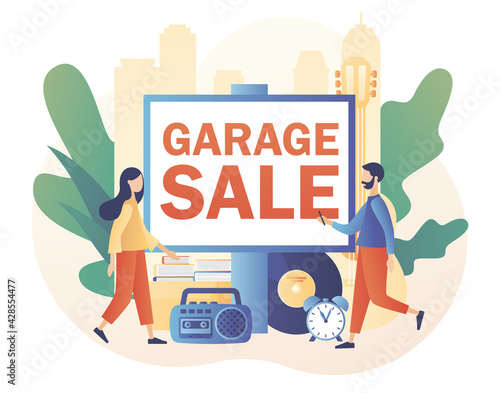 Flea market online. Garage sale - big advertisement banner. Yard sale. Tiny sellers and customers. Vintage goods or rag fair. Bazaar. Modern flat cartoon style. Vector illustration on white background