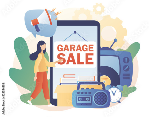 Flea market online. Garage sale - advertisement on smartphone screen. Yard sale. Tiny sellers and customers. Vintage goods or rag fair. Bazaar. Modern flat cartoon style. Vector illustration