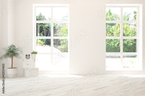 White empty room with summer landscape in window. Scandinavian interior design. 3D illustration