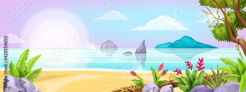Summer beach landscape, vector ocean exotic background, tree foliage, sea, tropical island, sand, rock. Paradise idyllic nature Hawaii seascape, resort holiday view. Beach landscape shore illustration