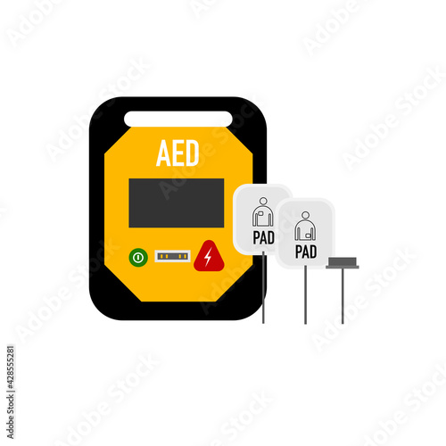 Cartoon of an AED with pads.