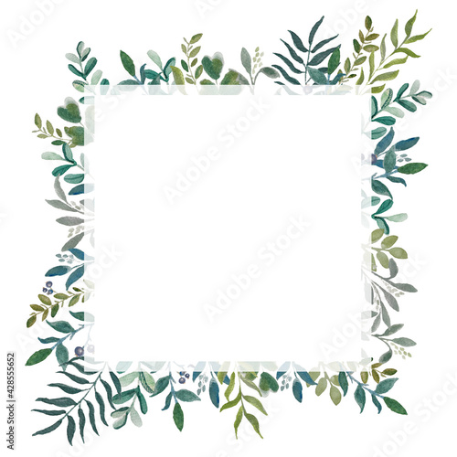 A template of a postcard with a watercolor green leaves on the branches. Wedding invitation template. Square arrangement.