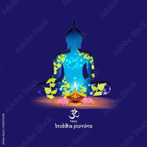 Indian Buddha Purnima festival with text, illustration is showing Buddha seating and absorbed in meditation