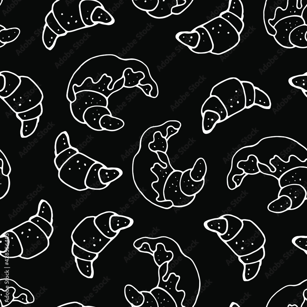 Vector seamless pattern : croissants . Linear white on black. Chalkboard style. Monochrome, minimalism. Design in french mood for decor textile, wrapping paper, menu, wallpaper, table cover. Vector seamless pattern : croissants . Linear white on black. Chalkboard style. Monochrome, minimalism. Design in french mood for decor textile, wrapping paper, menu, wallpaper, table cover.
