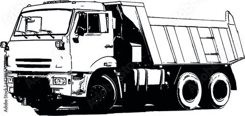 Vector black and white image of industrial truck with trailer for cargo transportation