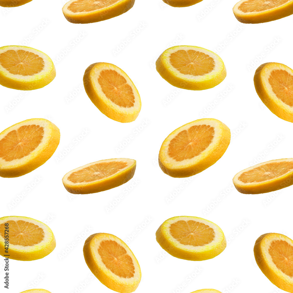 Seamless pattern of sliced flying orange grapefruit isolated on white background. Cut orange grapefruit in pieces. Levity fruit floating in the air. Flying food concept. for fruit juice advertising Seamless pattern of sliced flying orange grapefruit isolated on white background. Cut orange grapefruit in pieces. Levity fruit floating in the air. Flying food concept. for fruit juice advertising
