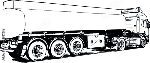 Vector black and white image of industrial truck with trailer for cargo transportation