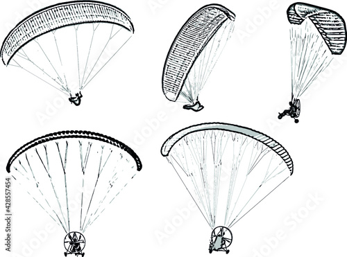 Set of black and white vector image of parachutists soaring on paragliders