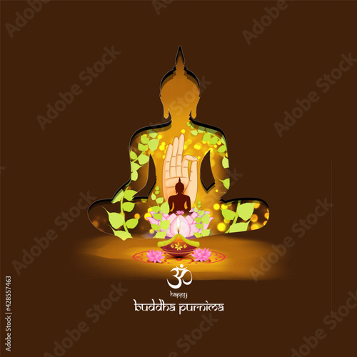 Indian Buddha Purnima festival with text, illustration is showing Buddha seating and absorbed in meditation