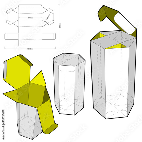 Hexagonal self asembly (Internal measurement 9.5 x 20cm) and Die-cut Pattern. The .eps file is full scale and fully functional. Prepared for real cardboard production.
