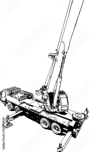 Vector black and white image of an industrial truck crane