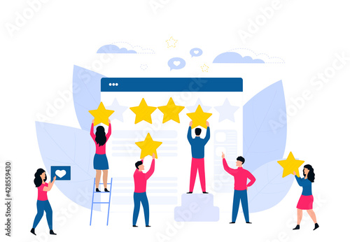 Customer feedback. Online review. Rating flat concept. Tiny people cling stars to the huge web page.