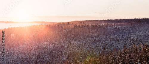 Fototapeta Naklejka Na Ścianę i Meble -  Sunset over the forest, winter view from the lookout point in the Stolowe Mountains.