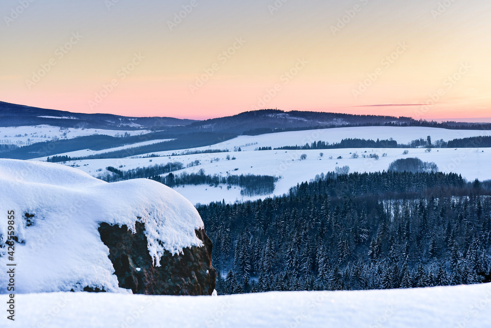 Panorama of the mountain range, view in winter from the lookout point in the Stolowe Mountains.