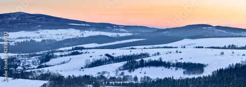 Panorama of the mountain range, view in winter from the lookout point in the Stolowe Mountains.