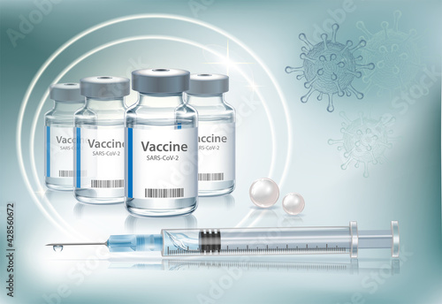  The medical concept with vaccine bottles and syringe for injection.  Transparent vector ampoule on blue background