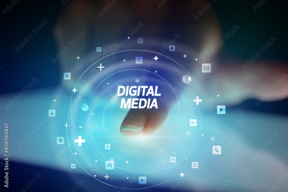 Finger touching tablet with social media icons concept Finger touching tablet with social media icons concept