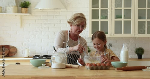 Loving 60s grandmother in glasses teach little cute granddaughter to cook, granny and child beat eggs add milk and flour making dough for pie. Family home hobby, develop offspring, upbringing concept