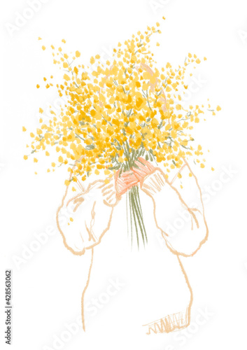 Beautiful girl holding a bouquet of yellow mimosa flowers in her hands. Beautiful fluffy flowers. Garden plant. Happy international women's day greeting card. Postcard on March 8. Nature theme. 