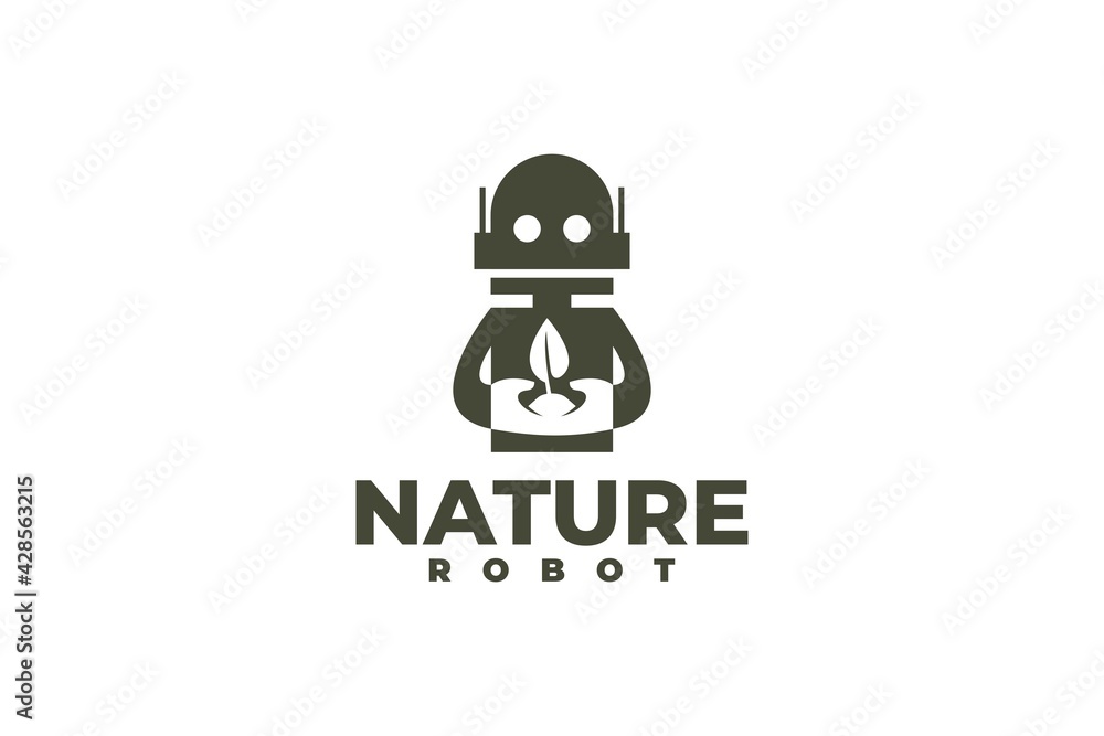 illustration of a robot holding a plant. technology meet nature logo. illustration of a robot holding a plant. technology meet nature logo.