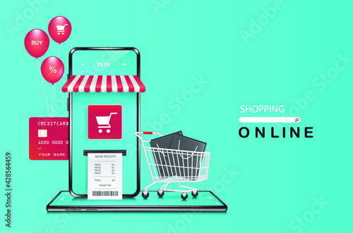 Shopping online template in a smartphone application,smartphone store and shopping cart on smartphone for advertising concept design