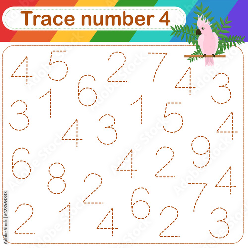 Vector Illustration of activity page for handwriting practice. Learning numbers for kids.Trace number design for learning handwriting. 