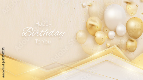 Birthday card with balloons and ribbon 3d style. Luxury golden line background realistic on cream shade. vector illustration for design.
