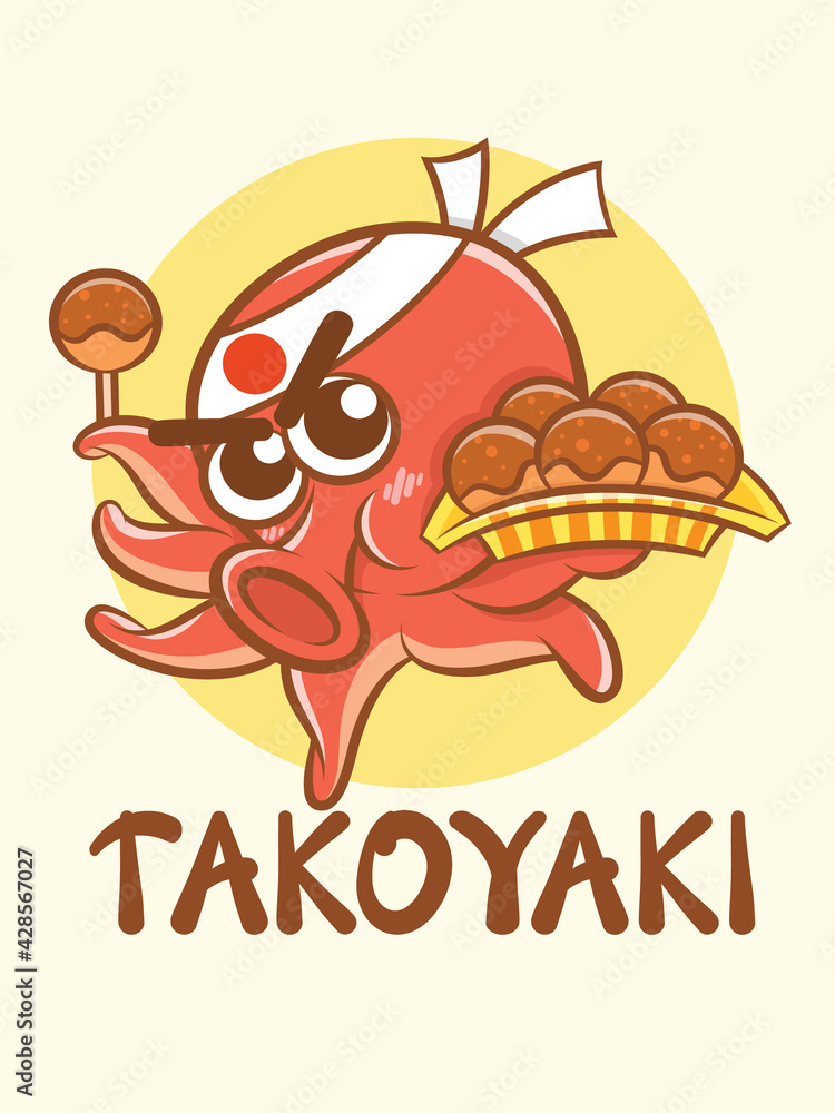 Fototapeta premium a cute octopus chef holding takoyaki foods. cartoon character logo and mascot illustration concept.