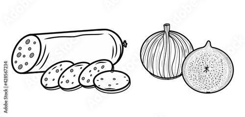Contour wurst and fig icons. Creative illustration. Black sketch. Idea for decors  logo  patterns  papers  covers  gifts  celebrations and holidays  organic food themes. Isolated vector art.