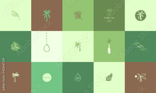 Vector logo design template. Palm tree symbol, palm leaf sign. Graphics for tropical spa, beauty studio emblem, holiday rentals, tropical cosmetic badge. Drawn tree for travel rehab services.
