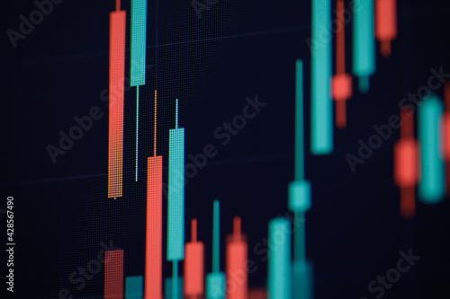 Shallow depth of field (selective focus) with details of a candlestick chart on a computer screen.