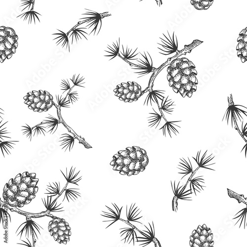 Christmas Tree or Pine Branch Seamless Pattern. Forest Decorative Botanical Illustration for design. Pine Cone Drawing Sketch