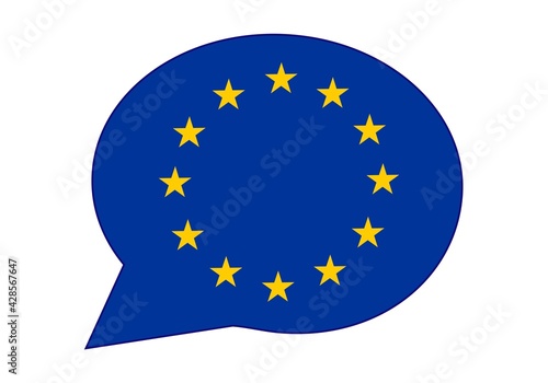 Europa, la CEE, los europeos dicen, hablan u opinan. Bocadillo con la bandera de la Unión Europea o UE. La voz de la UE. Mercado común europeo.