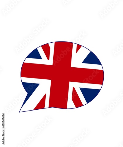 Gran Bretaña o Reino Unido o los ingleses o los británicos dicen, hablan u opinan. Bocadillo con la bandera de Reino Unido. La voz de Reino Unido. Se habla inglés.