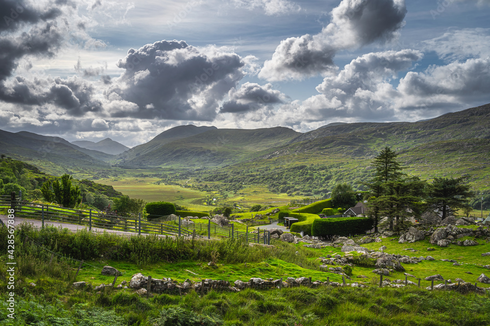 Beautiful Molls Gap with Owenreagh River valley, MacGillycuddys Reeks mountains and sheep farms, Wild Atlantic Way, Ring of Kerry, Ireland