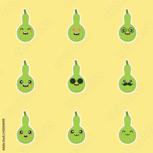 Calabash or Lagenaria siceraria , also known as bottle gourd cartoon character flat design illustration. cute and kawaii calabash gourds plant design. Pear-shaped bottle gourd