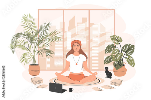 The girl working and rests in comfortable conditions from home. Distance work concept, yoga, meditation, relax, recreation, healthy lifestyle, Stay at home. Vector illustration in a flat style