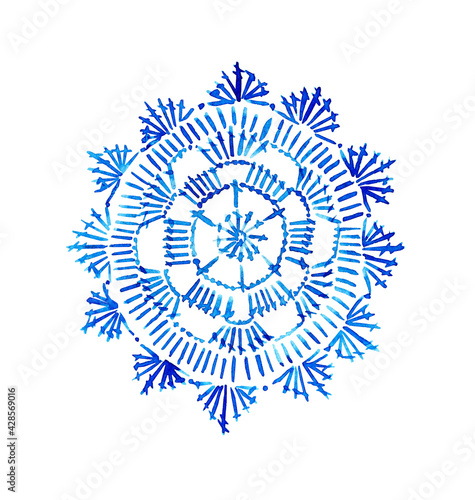 Watercolor illustration blue crochet doily. Handicraft, creativity, handicraft for wallpaper design, packaging, wrapper, cover, fabric background. Isolated on white background.
