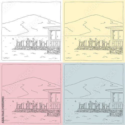 Set with two people sitting in tavern on the beach with a mountain view and chatting about life