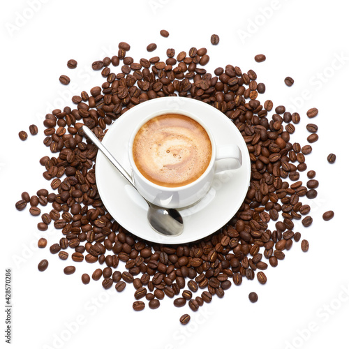 Cup of espresso coffee and beans on white background