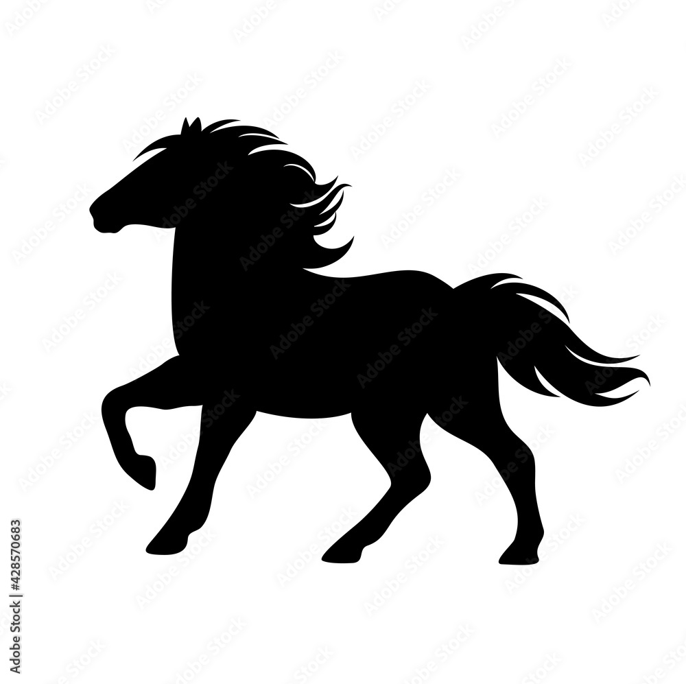 beautiful pony with flying mane and tail - cute little horse running forward black and white vector silhouette