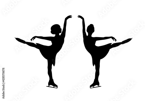 elegant little girl performing figure skating sport exercise - beautiful kid  in motion black vector silhouette set